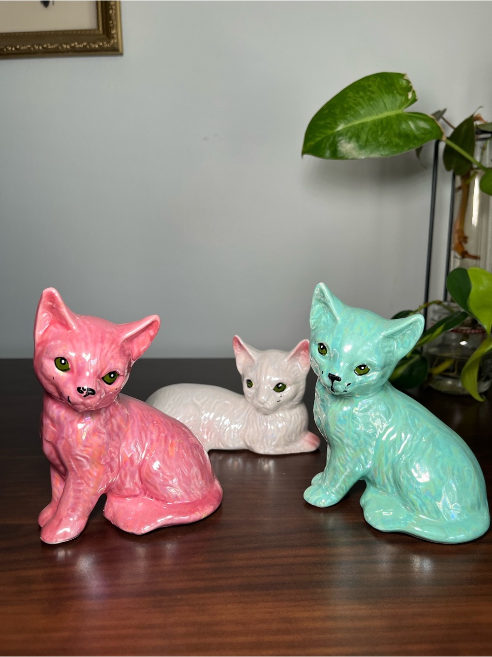 Vintage Ceramic Cats Pink Aqua White Kittens Whimsical Kitsch Cottagecore